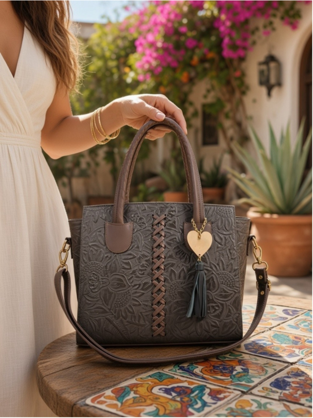 Autumn Espresso Brown Cross Stitch Embossed Artisan LEATHER Purse Handbag Bag